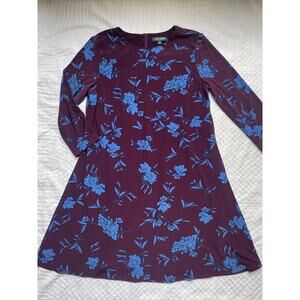 Ralph Lauren Womesn Size 14 Dress Burgundy w/Blue Floral 3/4 Sleeve Casual Work